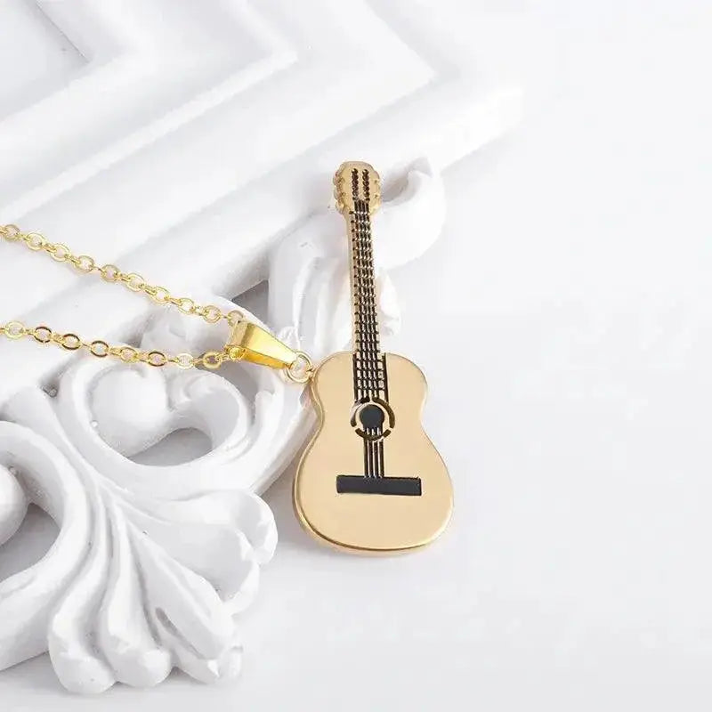 Stainless Steel Music Guitar Pendant Necklace Men Women