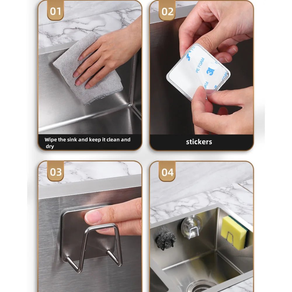 Stainless Steel Sink Sponge Holder Self Adhesive Drain Rack Kitchen Organization