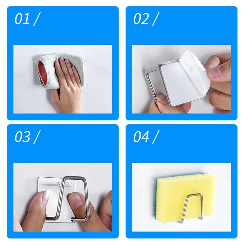 Stainless Steel Sink Sponge Holder Self Adhesive Drain Rack Kitchen Organization