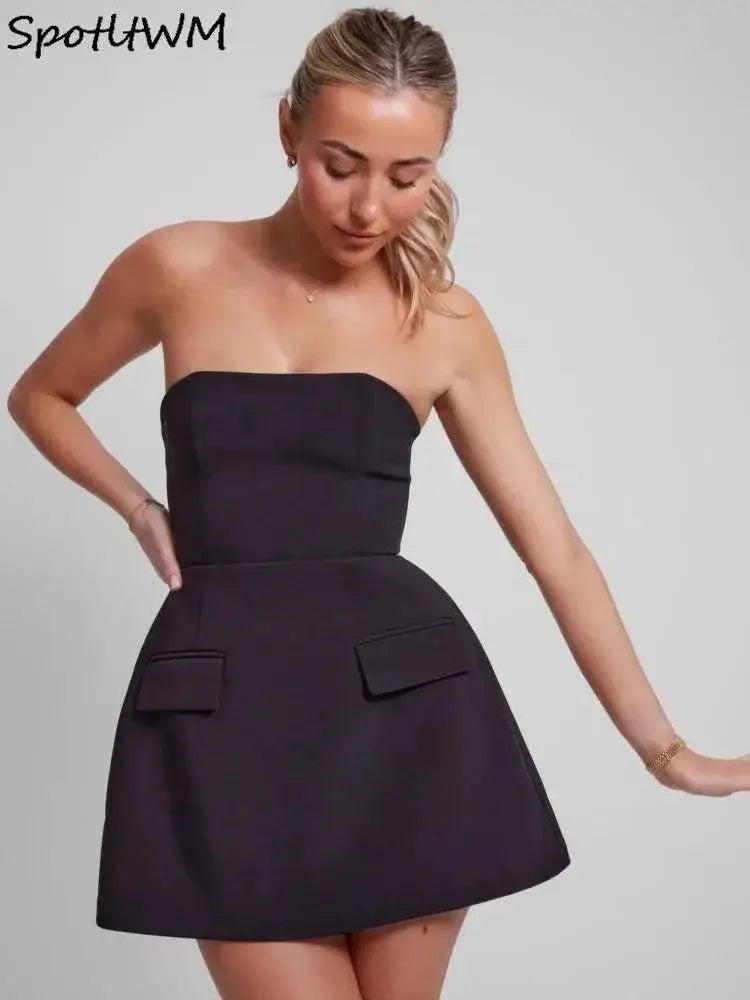 Strapless Backless Aline Dress With Pockets Trendy Fashion