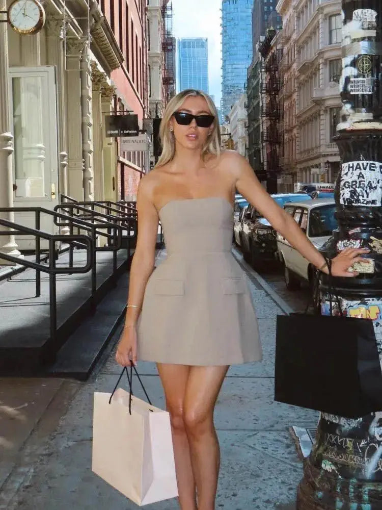 Strapless Backless Aline Dress With Pockets Trendy Fashion