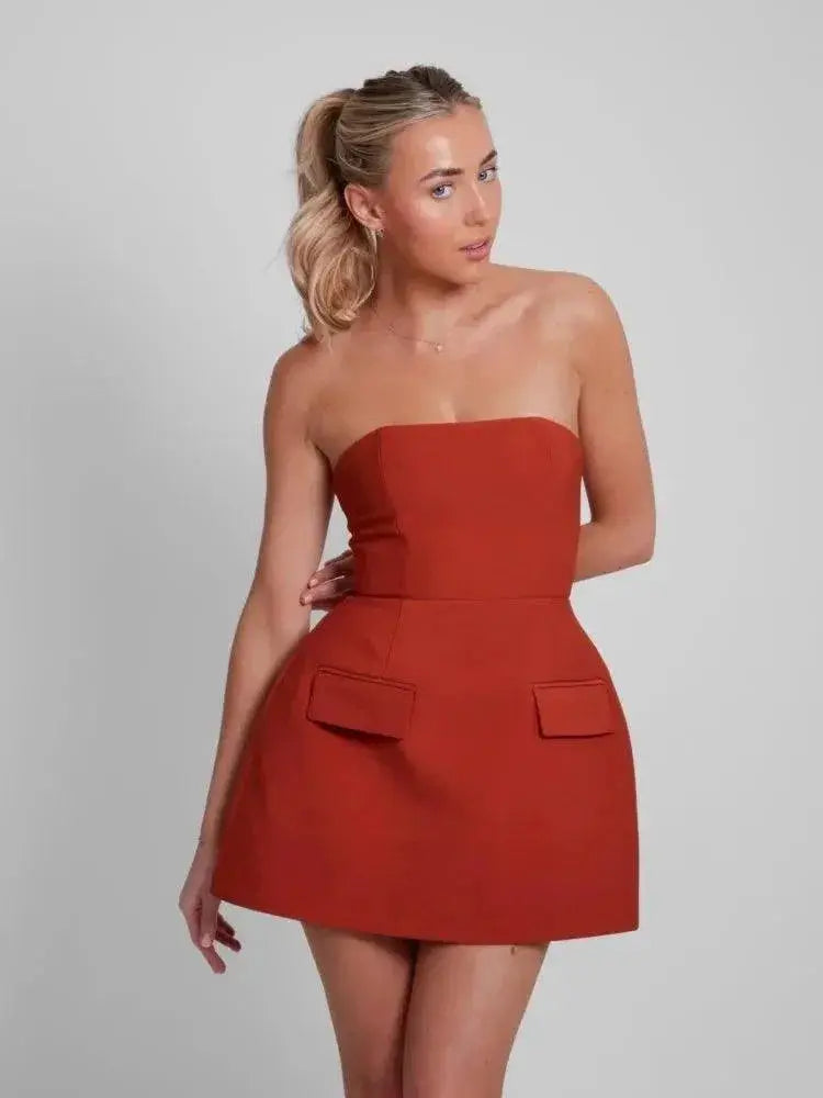 Strapless Backless Aline Dress With Pockets Trendy Fashion