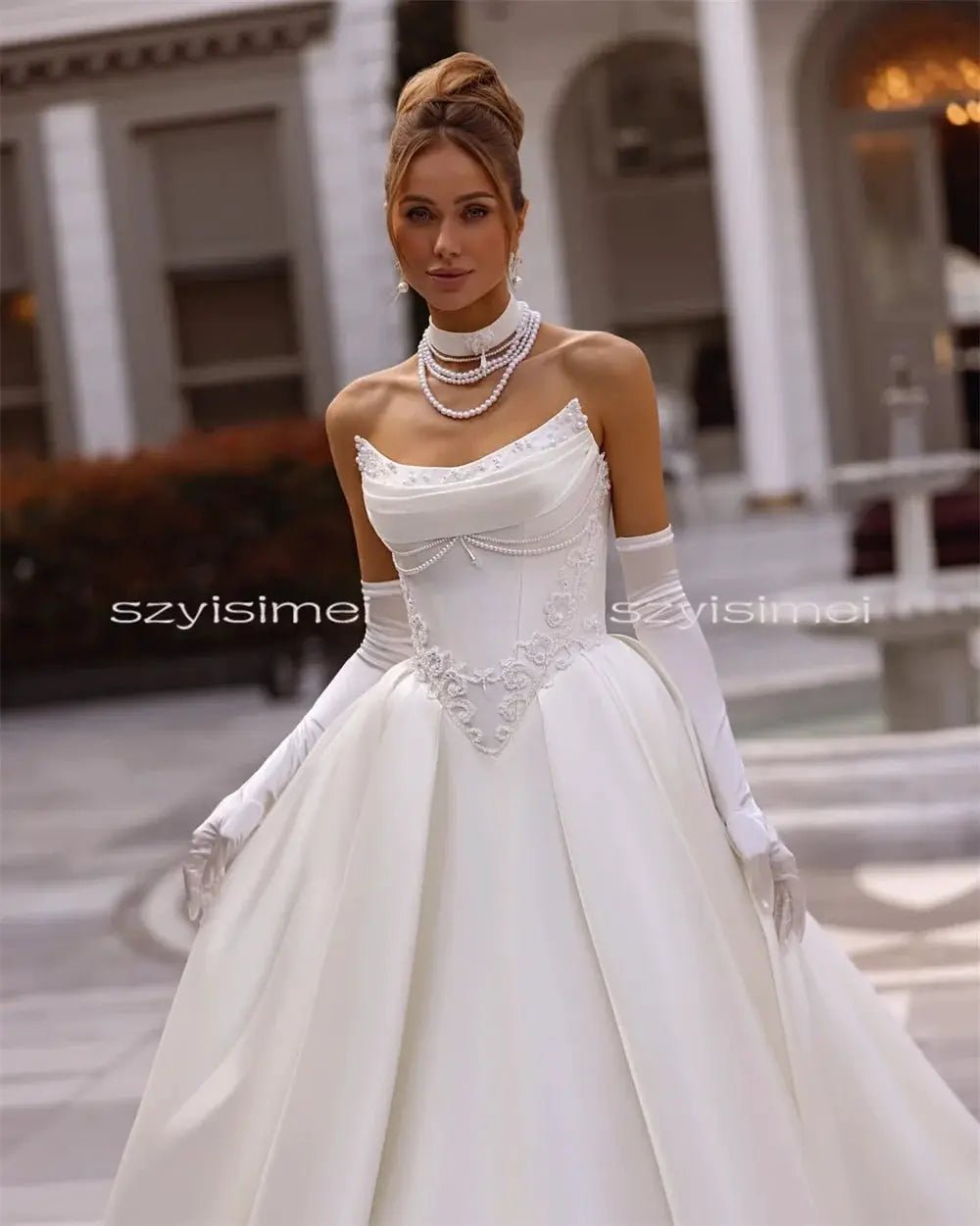 Strapless Lace Appliques Satin Aline Wedding Gown With Corset Back Dream Look