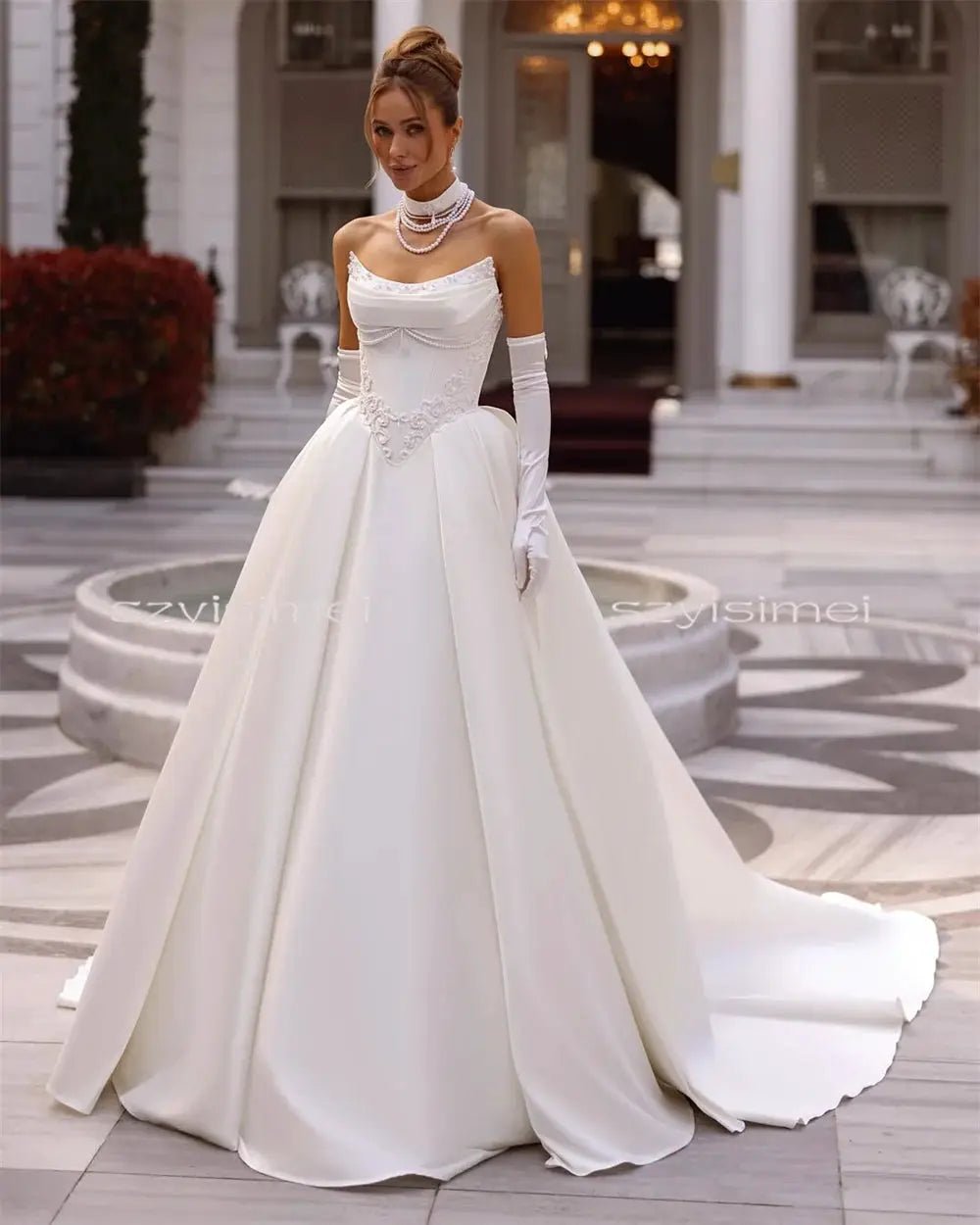 Strapless Lace Appliques Satin Aline Wedding Gown With Corset Back Dream Look