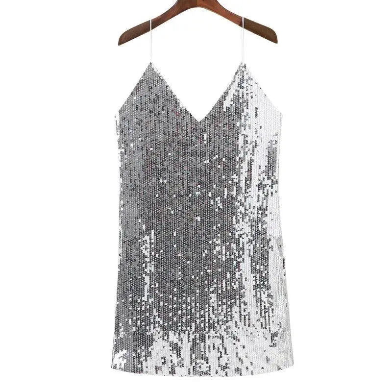 Backless Silver Sequin Mini Dress for Party Nights