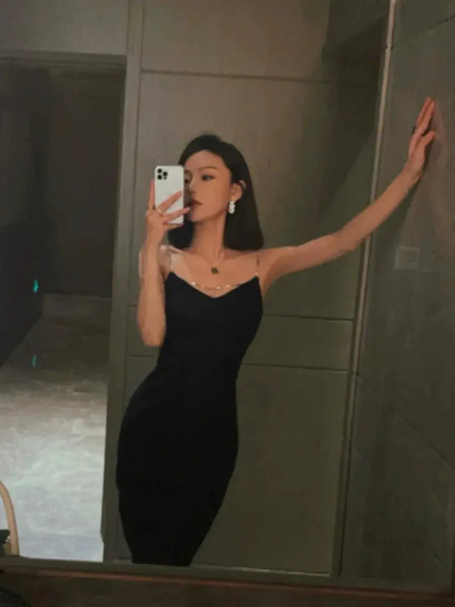 Sultry Glamour Elegant V Neck Black Dress for Modern Women