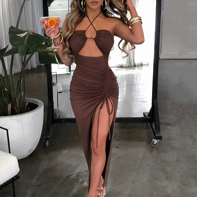 Summer Black Lace Up Halter Bodycon Dress For Elegant Party