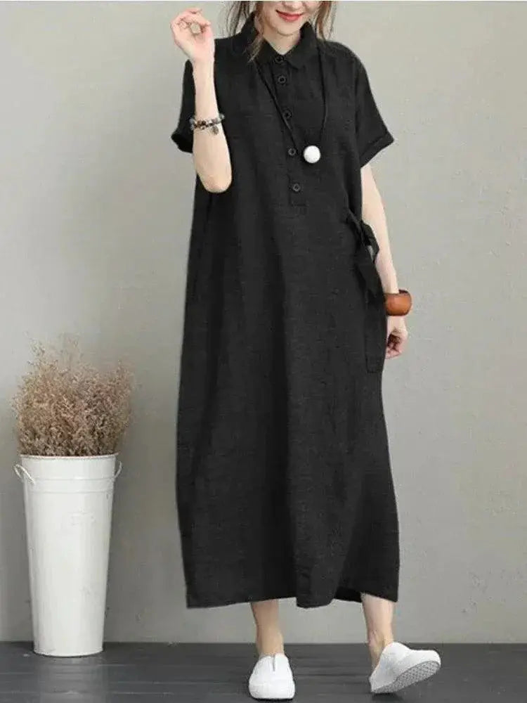 Breathable Vintage Cotton Linen Summer Dress Casual A Line