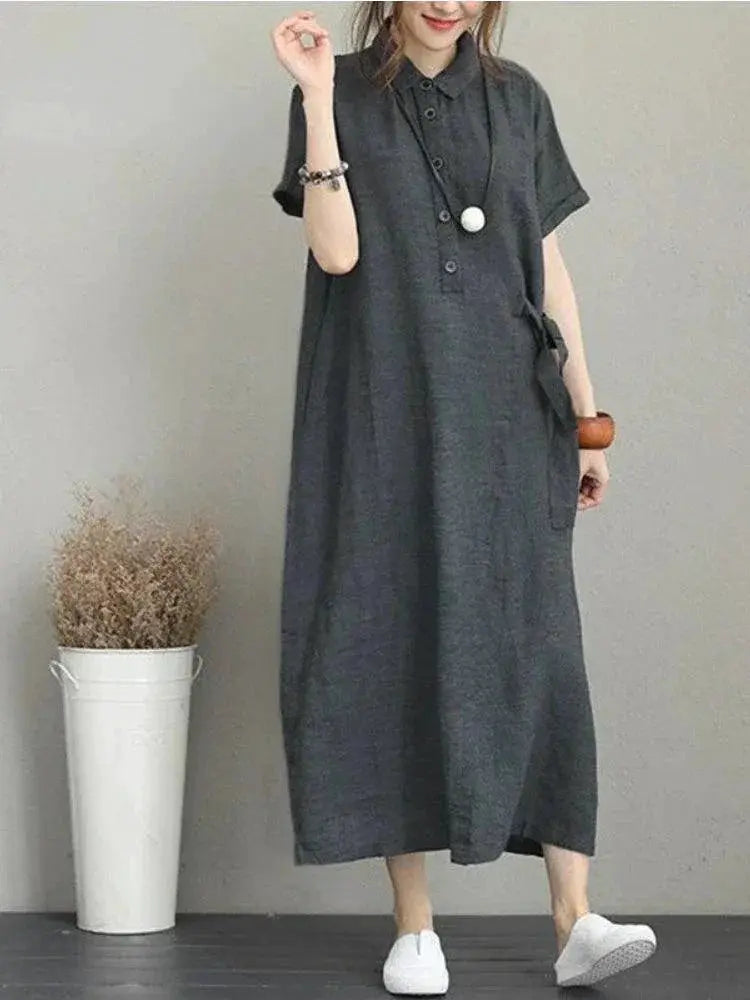 Breathable Vintage Cotton Linen Summer Dress Casual A Line