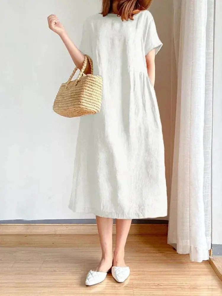 Summer Elegance A Line Midi Dress Cotton Linen Blend