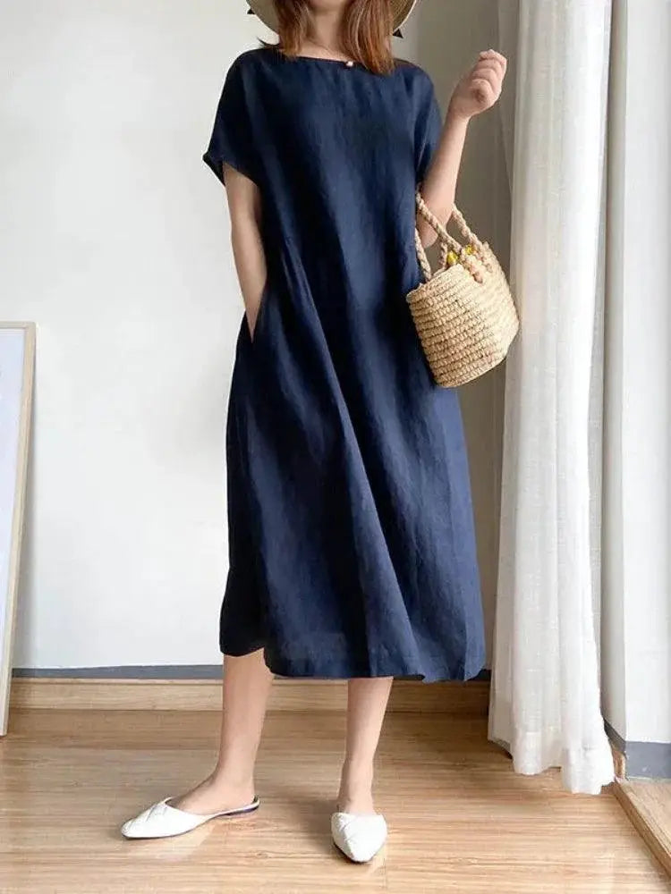 Summer Elegance A Line Midi Dress Cotton Linen Blend