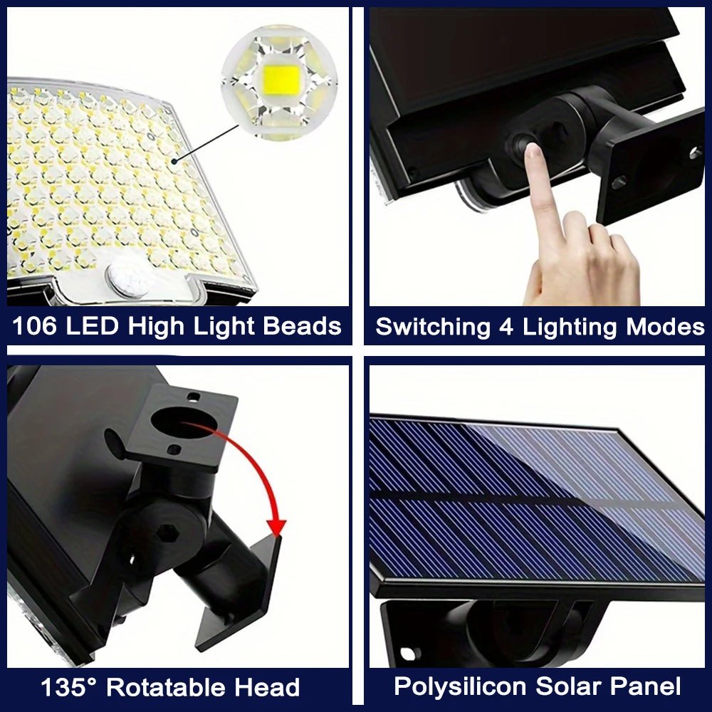SunGuard 106LED Solar Outdoor Lights Motion Sensor Wall Flood Lamp - Bright Auto