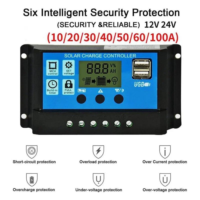 SunGuard Solar Charge Controller 12/24V LCD Dual USBs - Smart Battery Protection