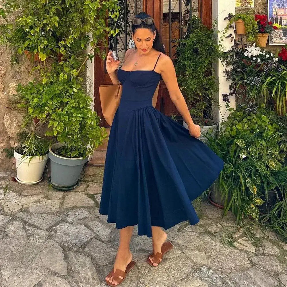 Suninheart Elegant V Neck Midi Dress Chic Summer Style