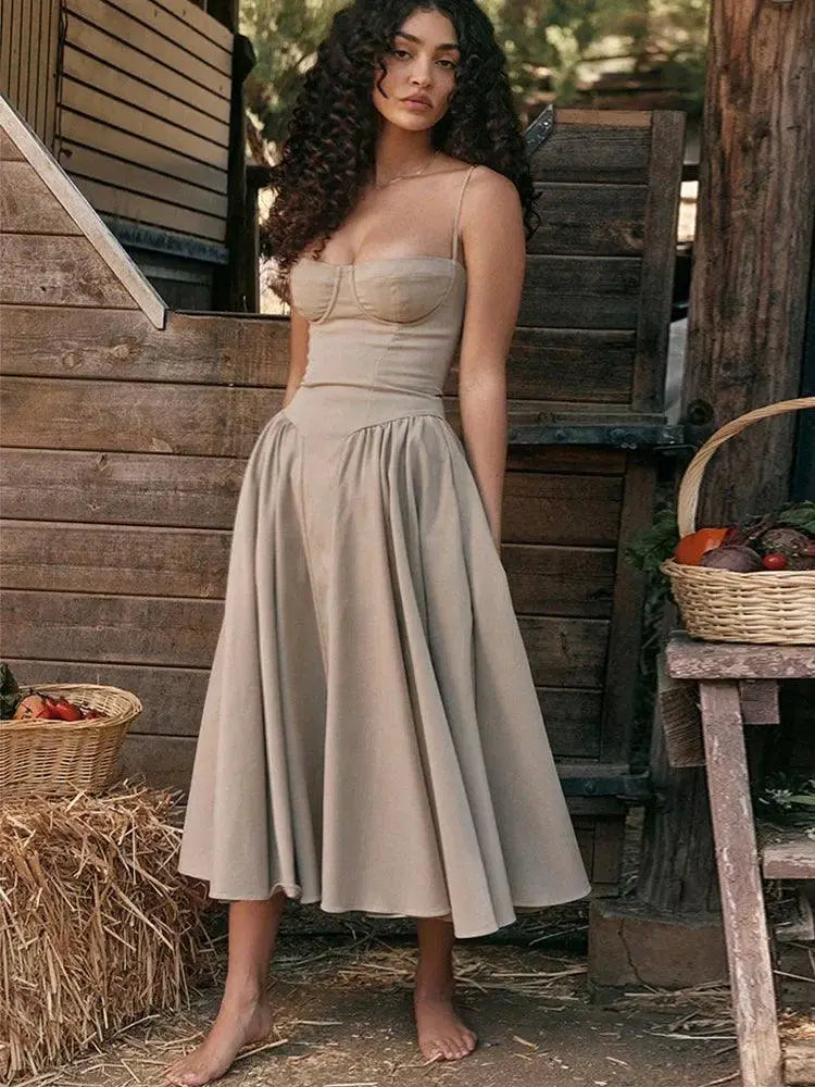 Suninheart Elegant V Neck Midi Dress Chic Summer Style