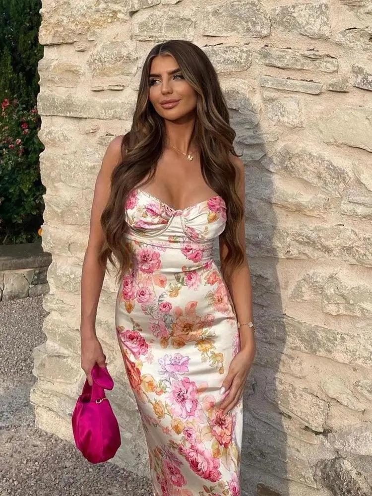 Suninheart Floral Print Bodycon Maxi Dress For Weddings