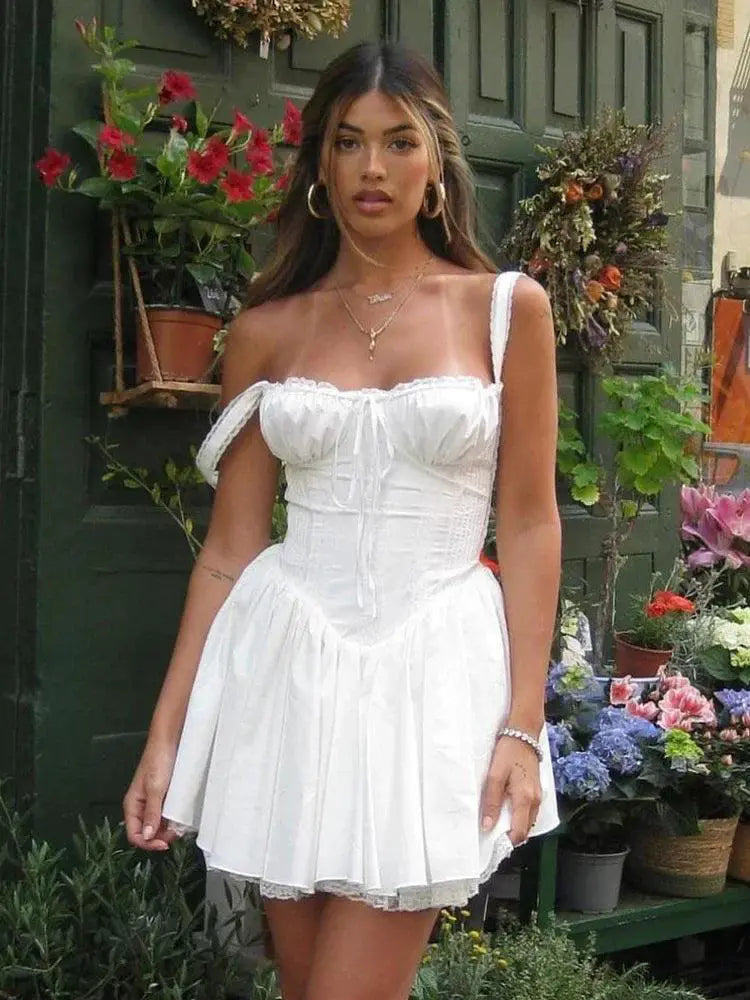Suninheart Spaghetti Strap White A Line Dress Summer Style
