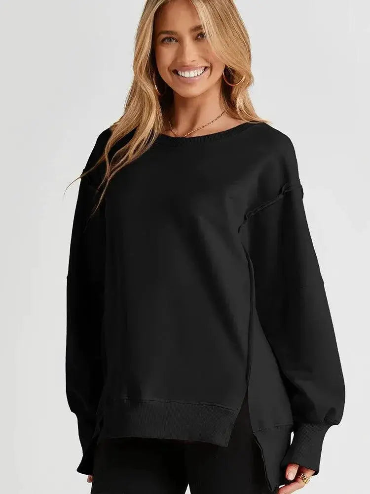Dilamon Side Slit Pure Color Sweatshirt Pullover Stylish