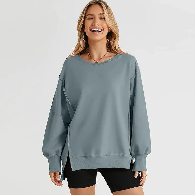 Dilamon Side Slit Pure Color Sweatshirt Pullover Stylish