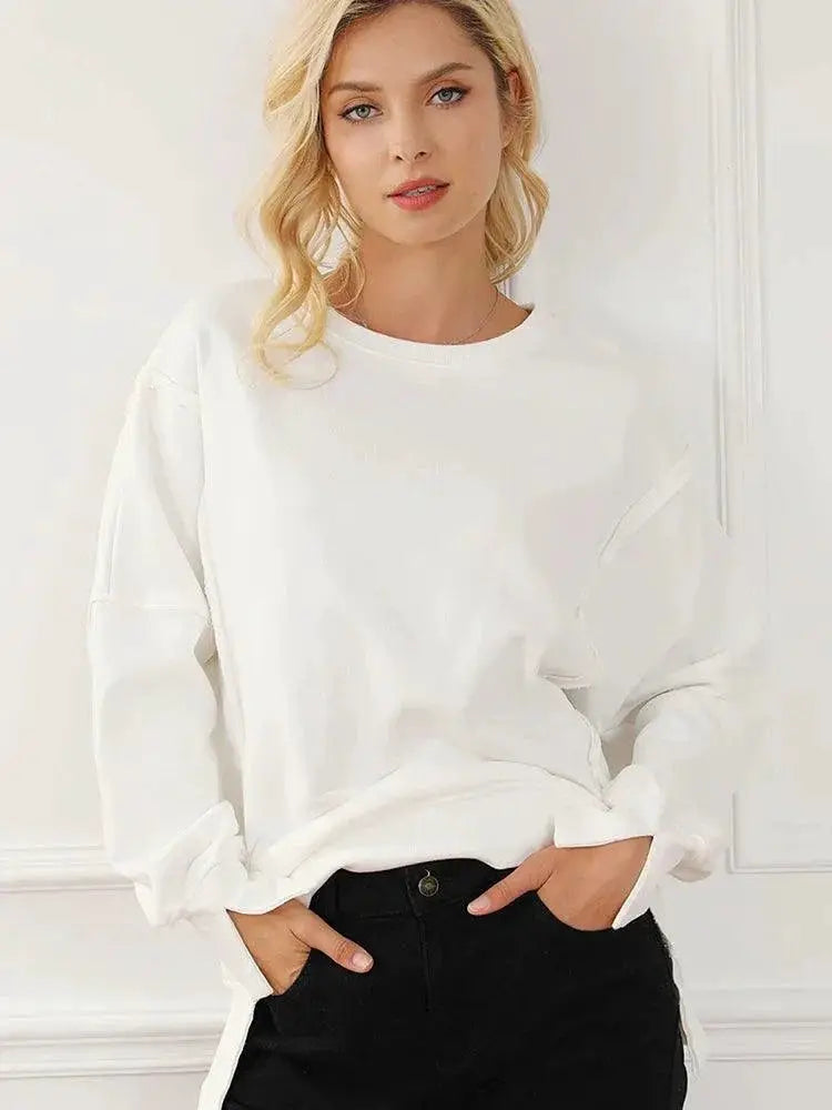 Dilamon Side Slit Pure Color Sweatshirt Pullover Stylish