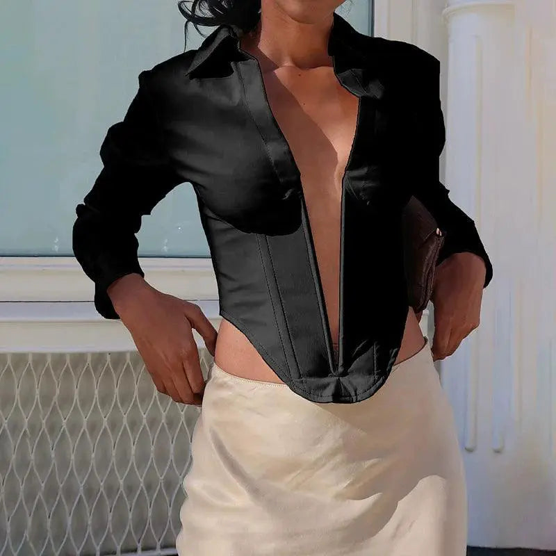 Sylcue Deep V Neck Zipper Blouse Winter Fashion for Women