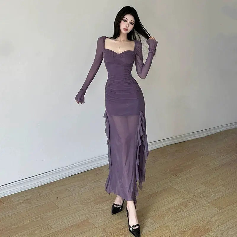 Sylcue Mesh Style Long Sleeve Dress For Street Style