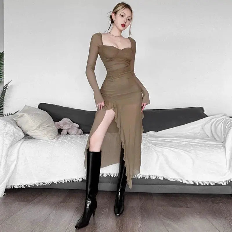 Sylcue Mesh Style Long Sleeve Dress For Street Style