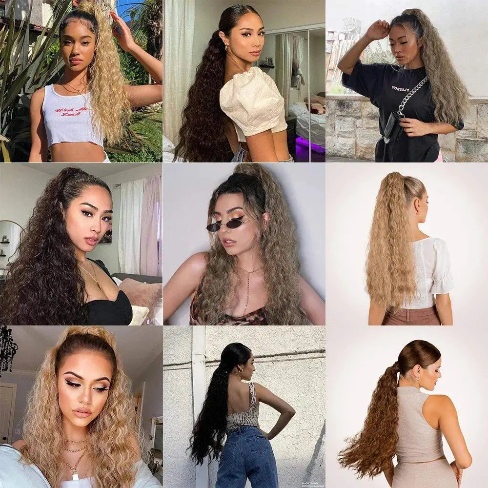 Synthetic Wavy Ponytail Extension Ombre Brown Blonde 22 Inch