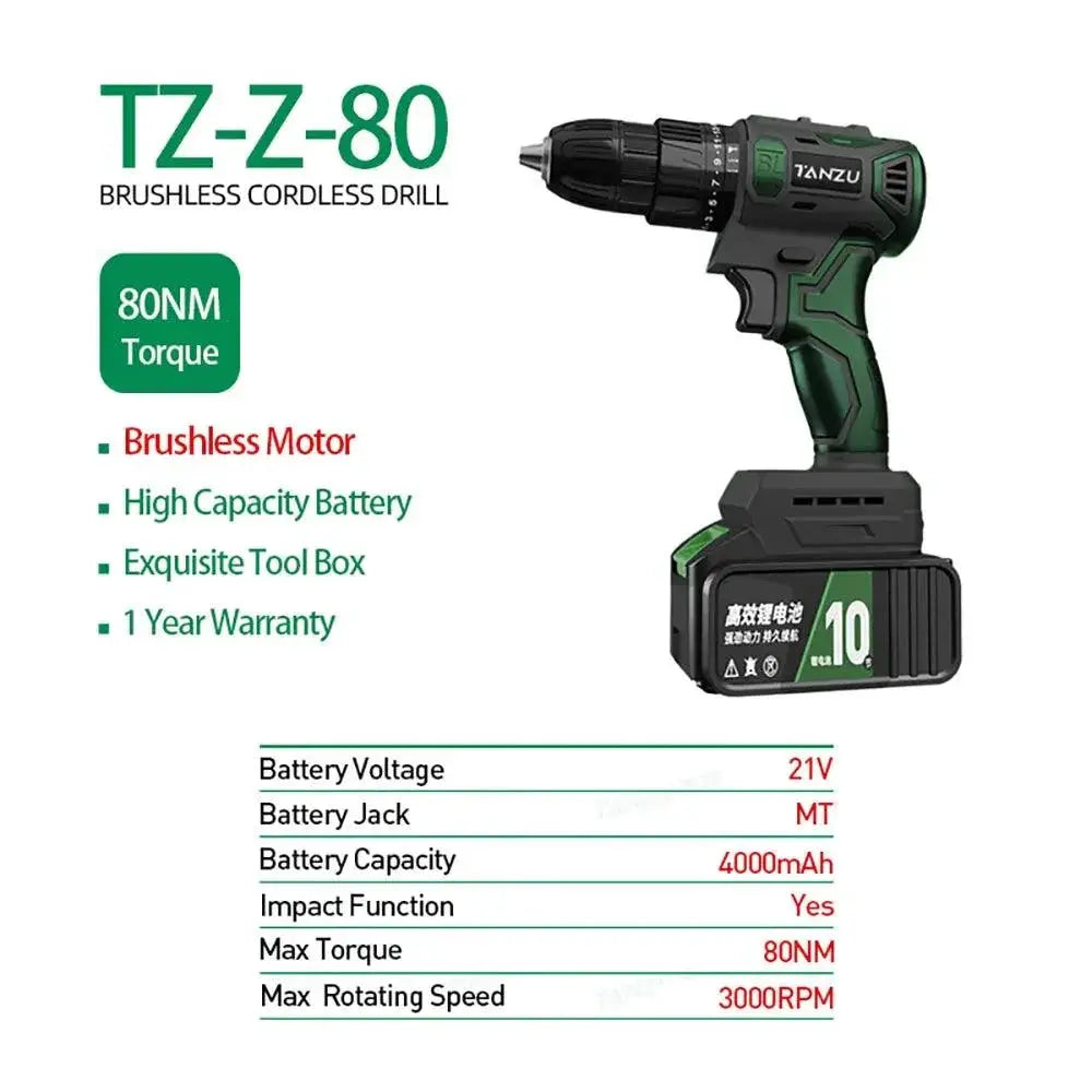 TANZU Cordless Brushless Drill 12V 21V Impact Screwdriver