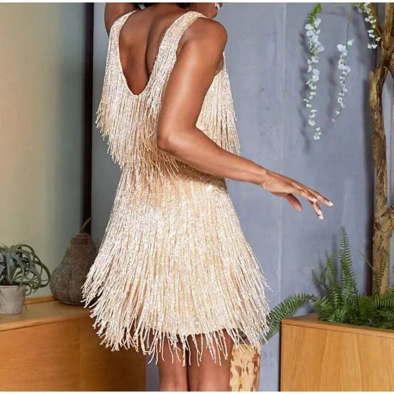 Tassel Sequins Feather Mini Dress Elegant Clubwear Outfit