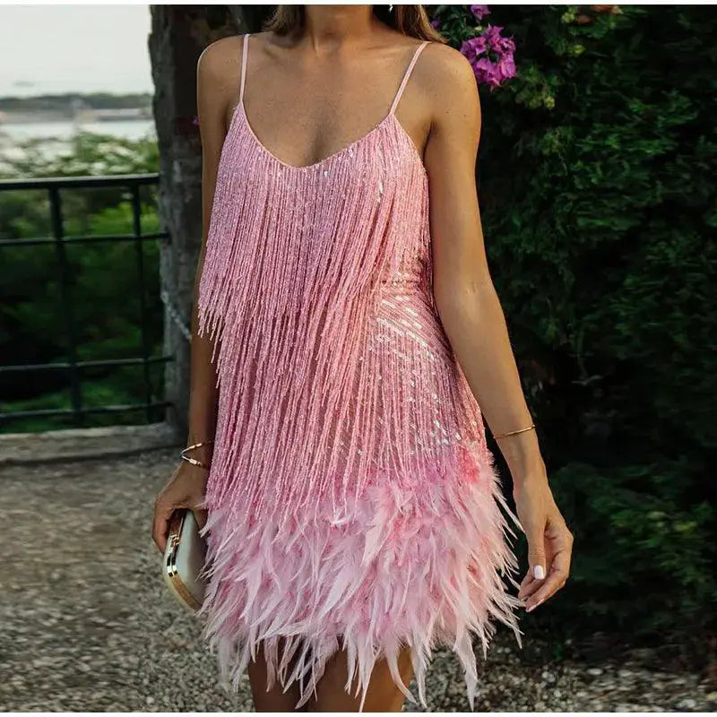 Tassel Sequins Feather Mini Dress Elegant Clubwear Outfit