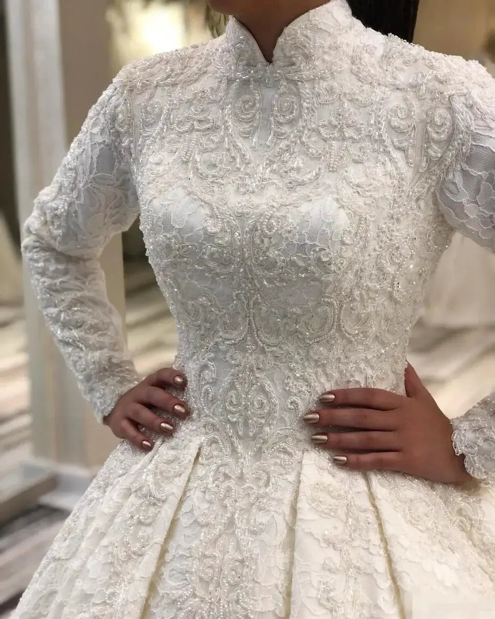 Timeless White Wedding Dress With High Neck Long Sleeve Lace Beaded Pearl Gown
