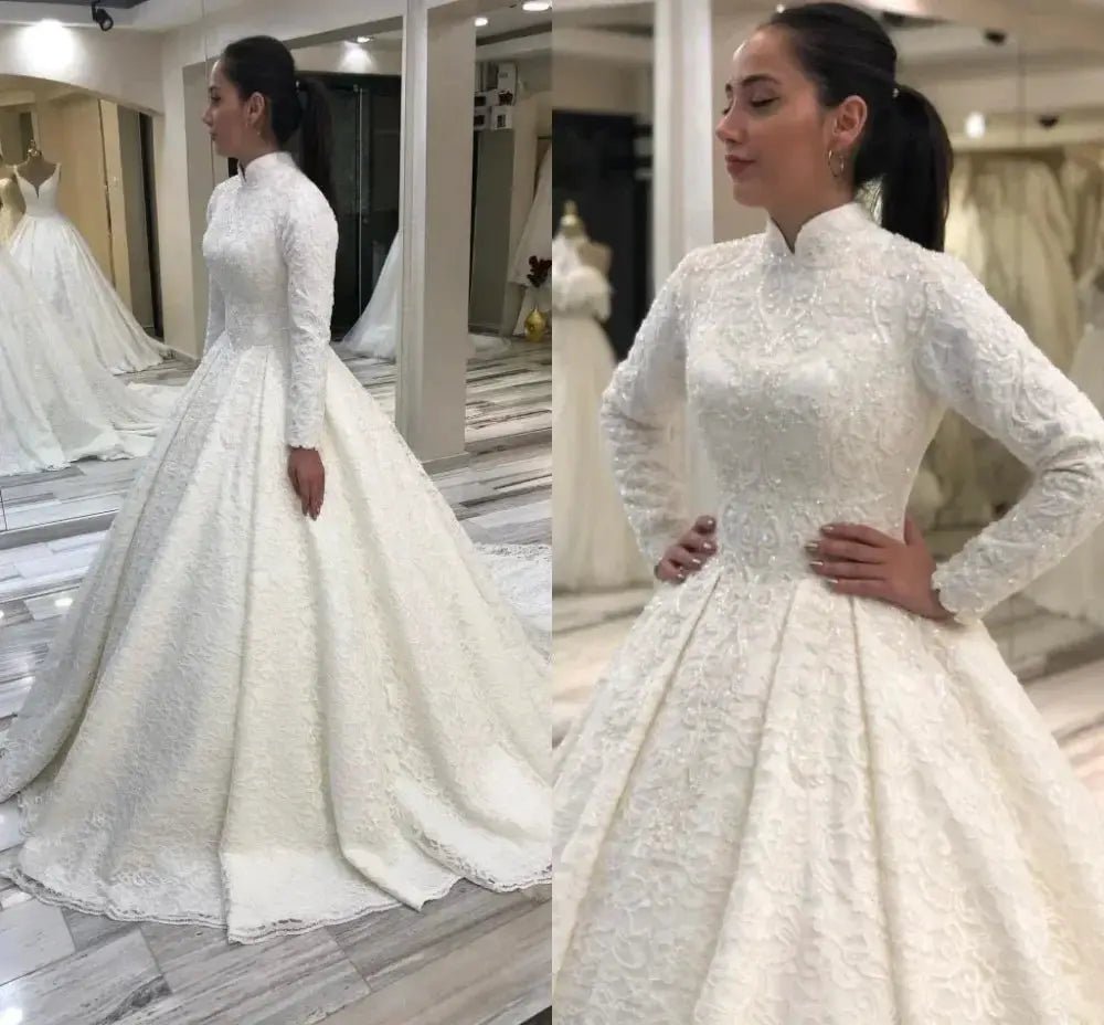 Timeless White Wedding Dress With High Neck Long Sleeve Lace Beaded Pearl Gown