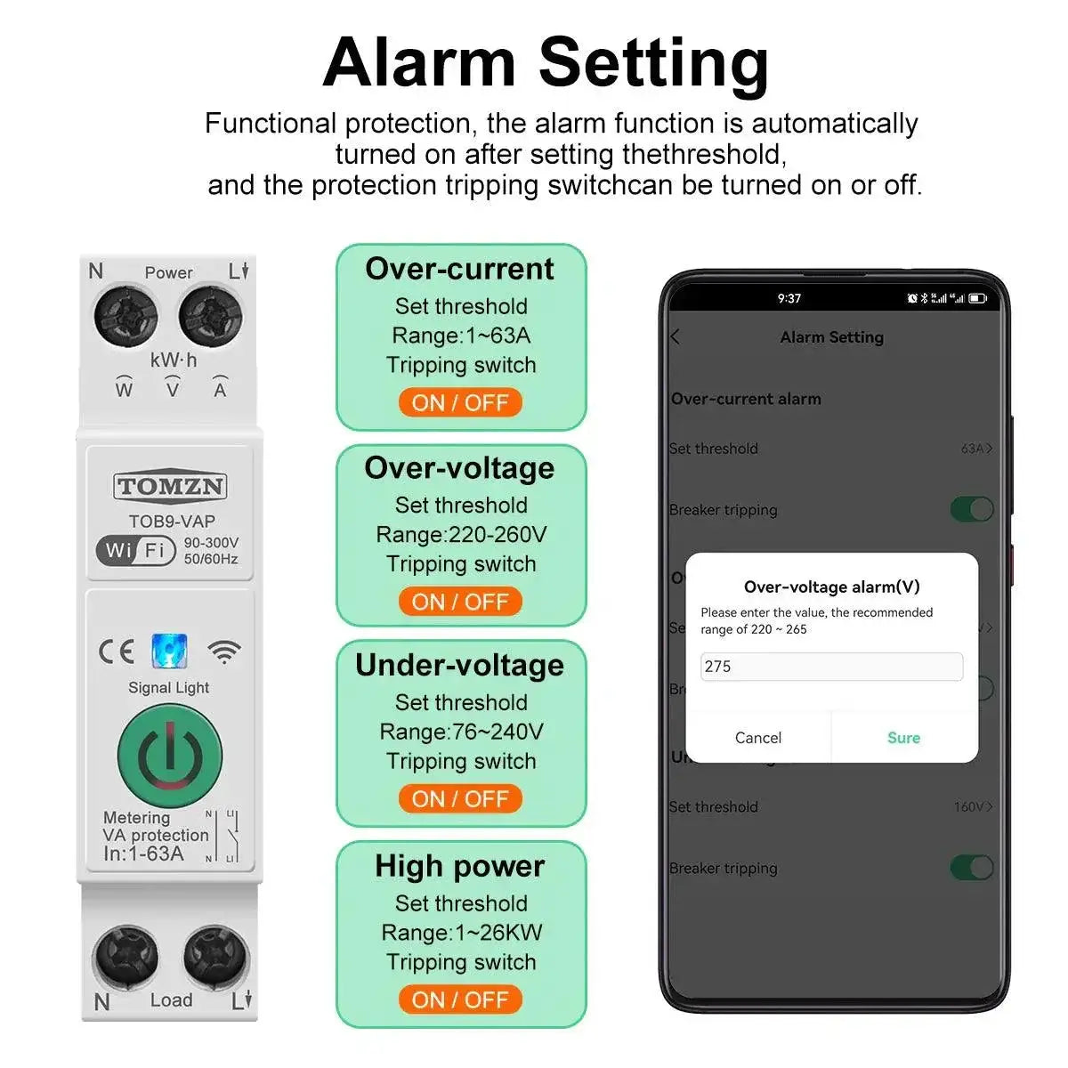 TOMZN WiFi Smart Switch With Energy Meter Remote Monitoring
