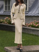 Tossy Autumn Maxi Dress Ruffled Knit with Ribbed Detail