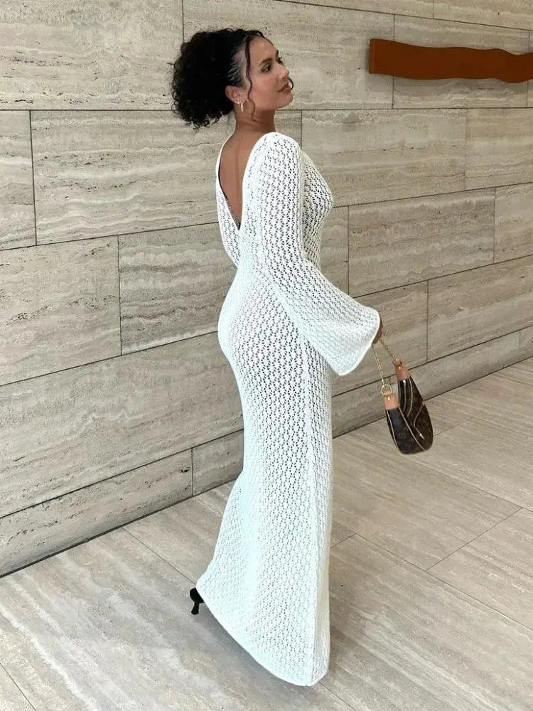 Tossy White Knit Maxi Dress Beach Cover Up Elegantly Stylish