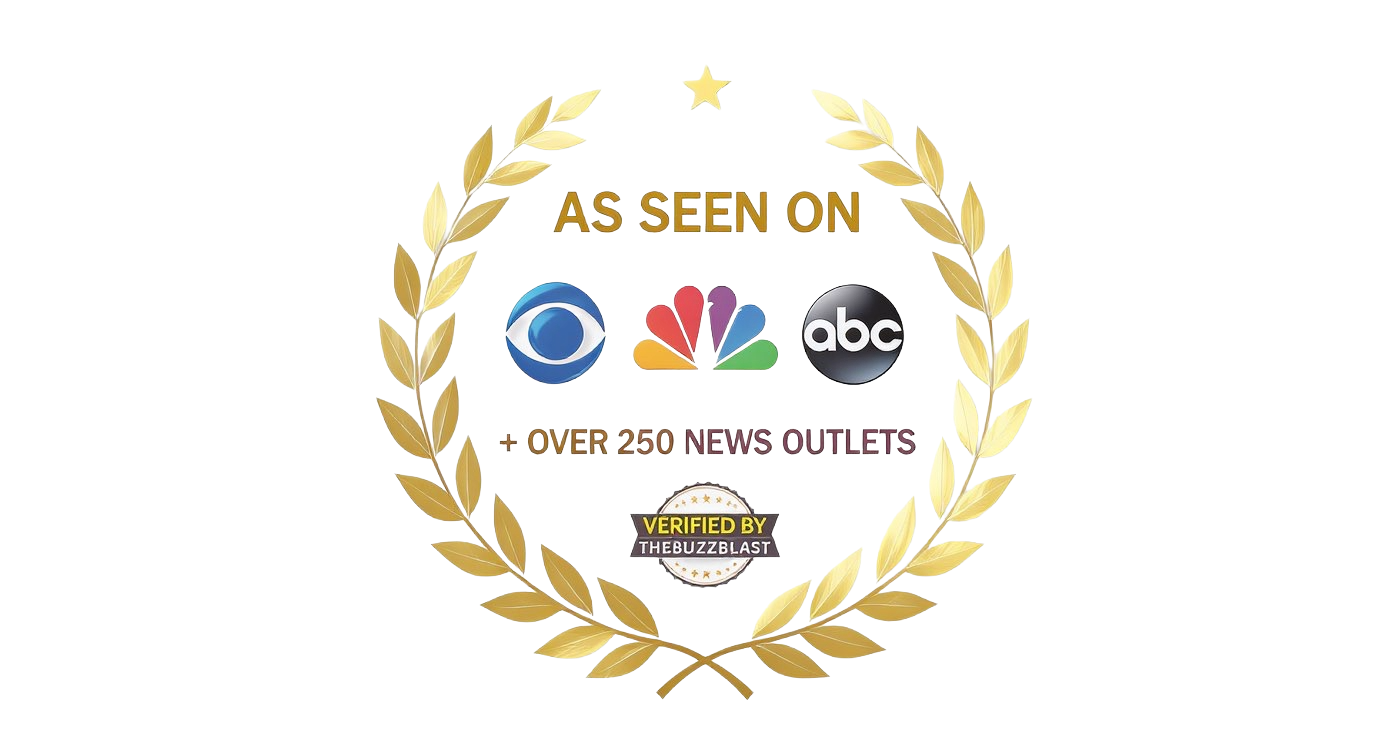 As Seen On' text and logos of CBS, NBC, and ABC, surrounded by a gold laurel wreath