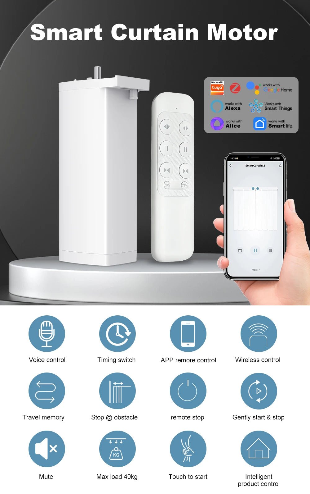 Tuya 155mm Smart Curtain Motor - Zigbee WiFi Silent 1.2Nm With Alexa Remote Apps
