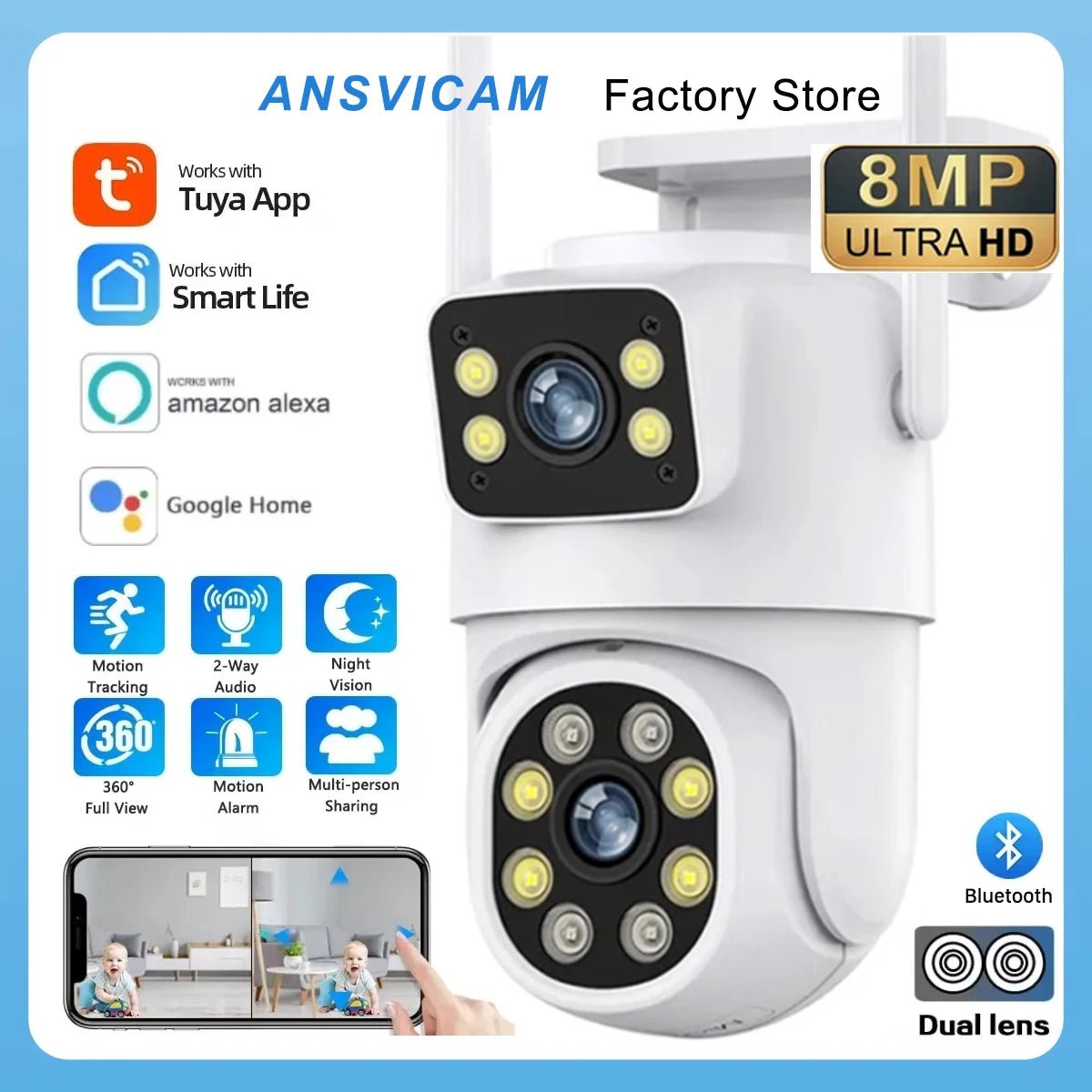 Tuya 4K 8MP Dual Lens PTZ WiFi Camera AI Auto Tracking Dual Screen Outdoor IP66X