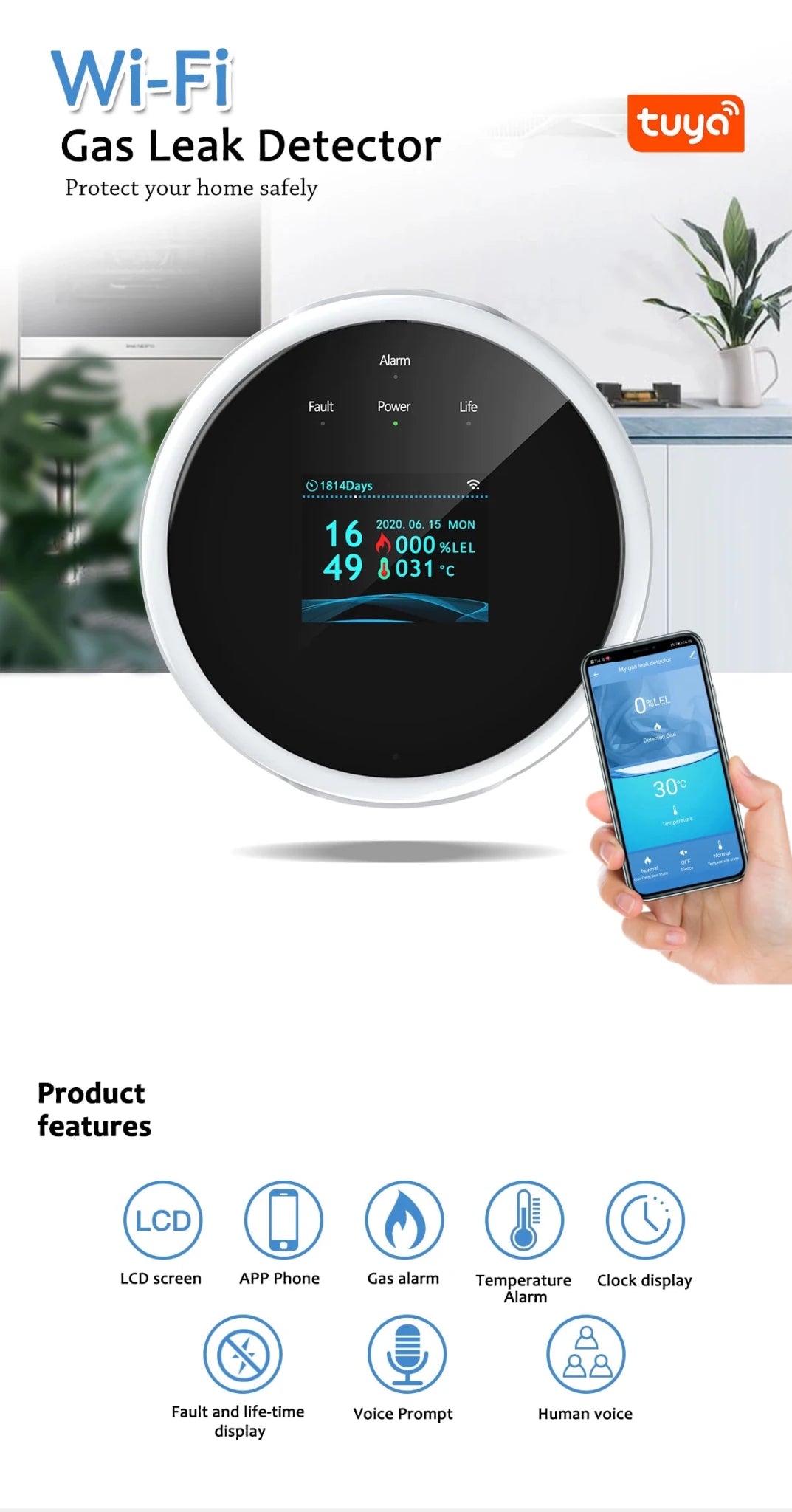 Tuya WiFi Gas Detector - LPG And Natural Gas Leak Alarm With Smart Life App Plus