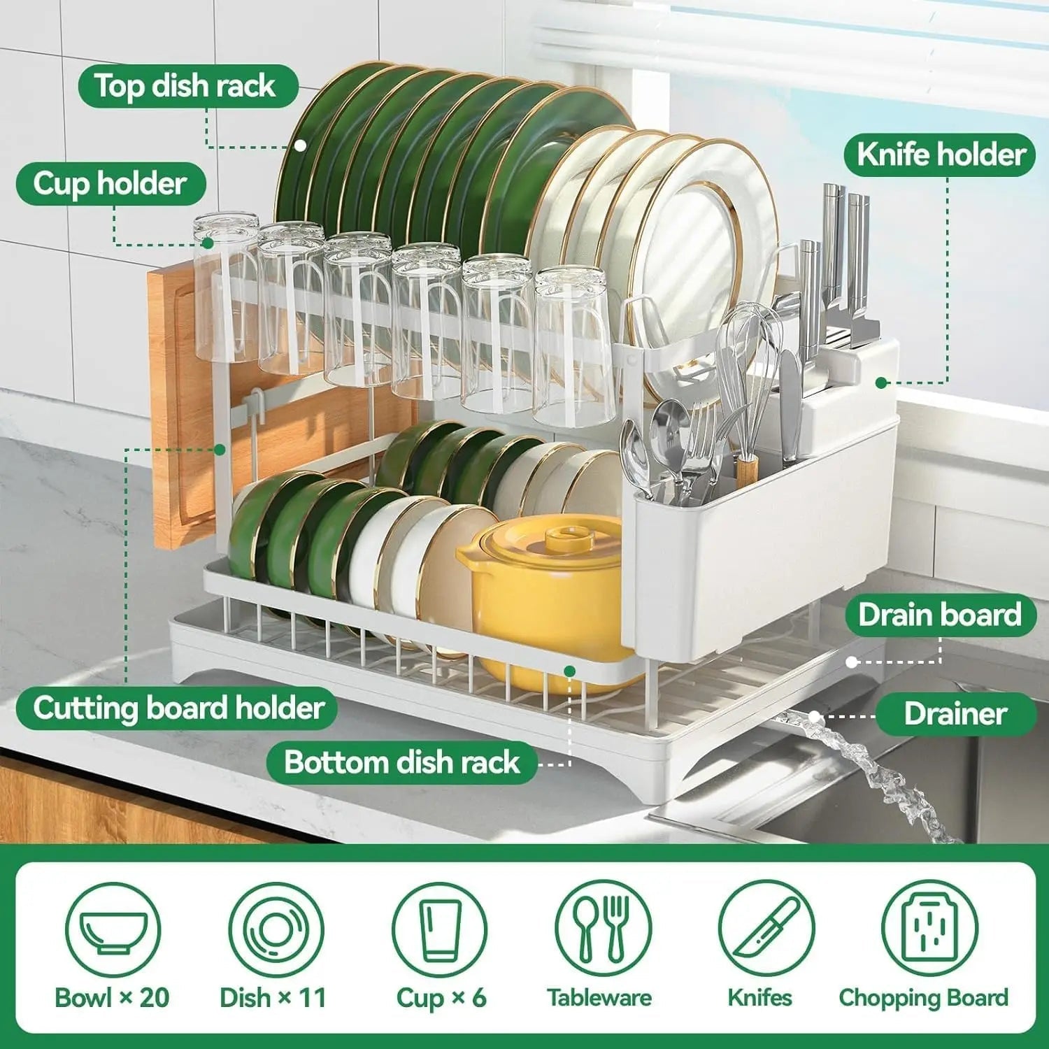 Two Tier Larger Dish Drying Rack With Drainboard Rustproof For Kitchen Countertop