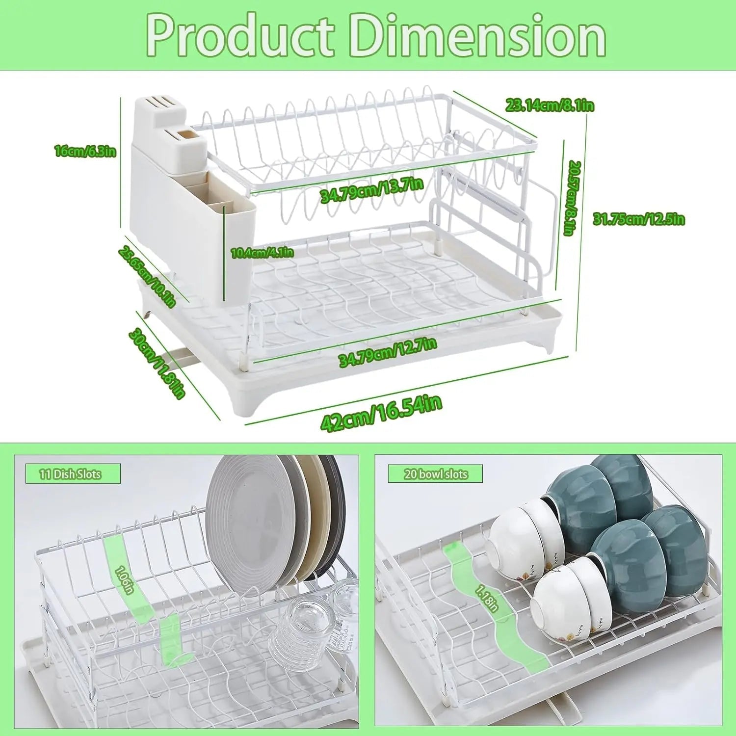 Two Tier Larger Dish Drying Rack With Drainboard Rustproof For Kitchen Countertop