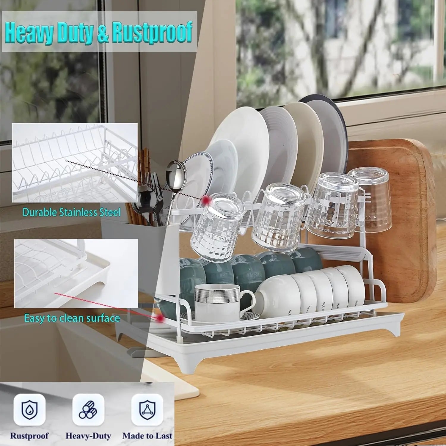 Two Tier Larger Dish Drying Rack With Drainboard Rustproof For Kitchen Countertop