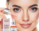 Woman using a JAYSUING 5 IN 1 FACIAL SERUM dropper on her face with the product and packaging displayed.