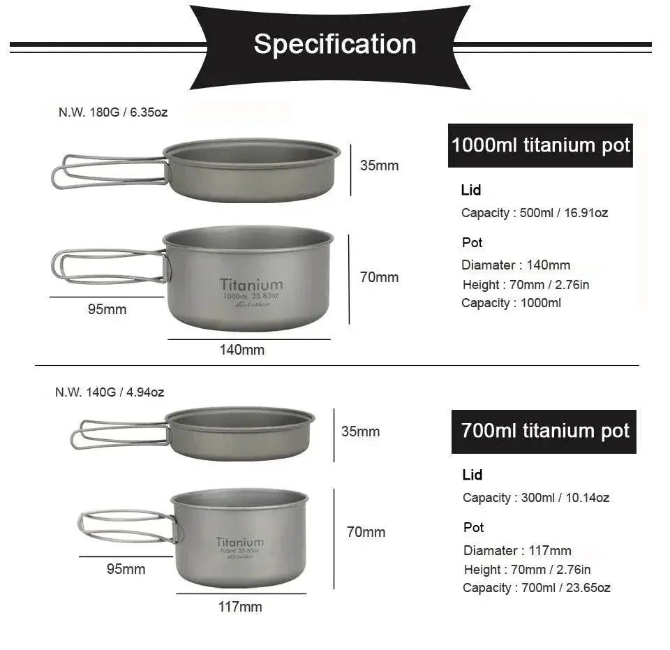Ultralight Titanium Camping Cookware Set With Folding Handle