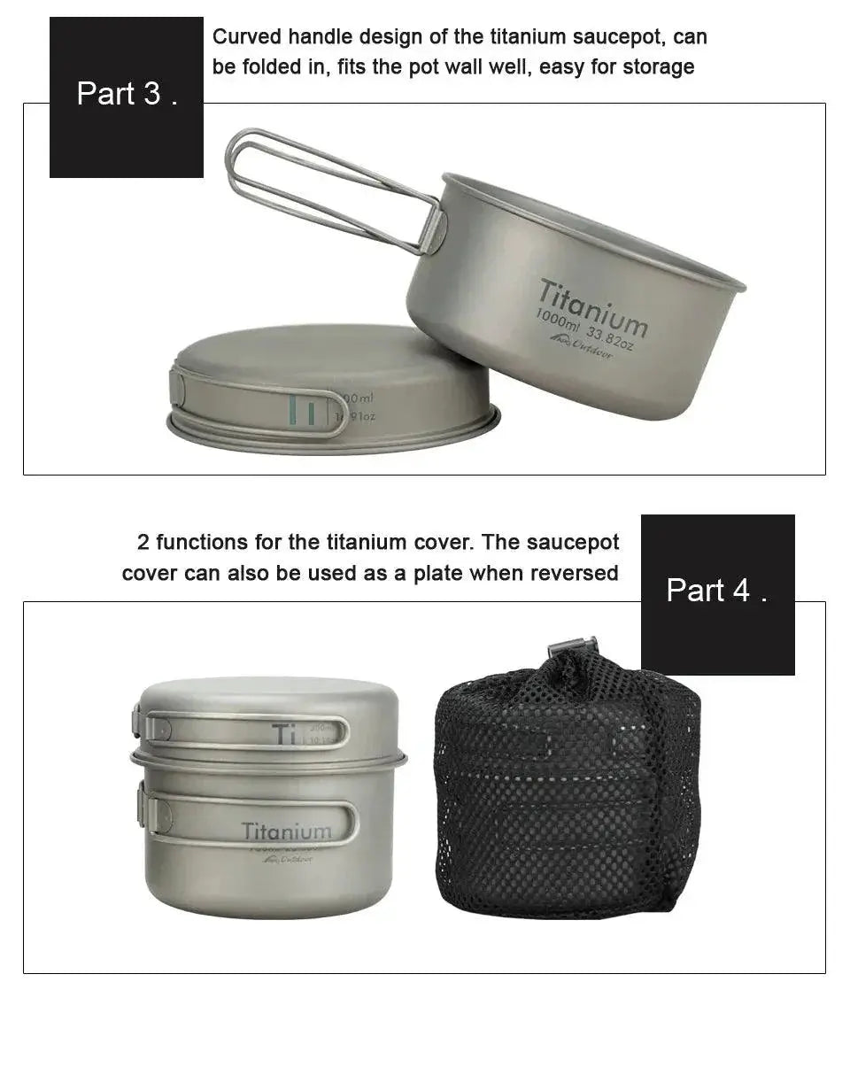 Ultralight Titanium Camping Cookware Set With Folding Handle