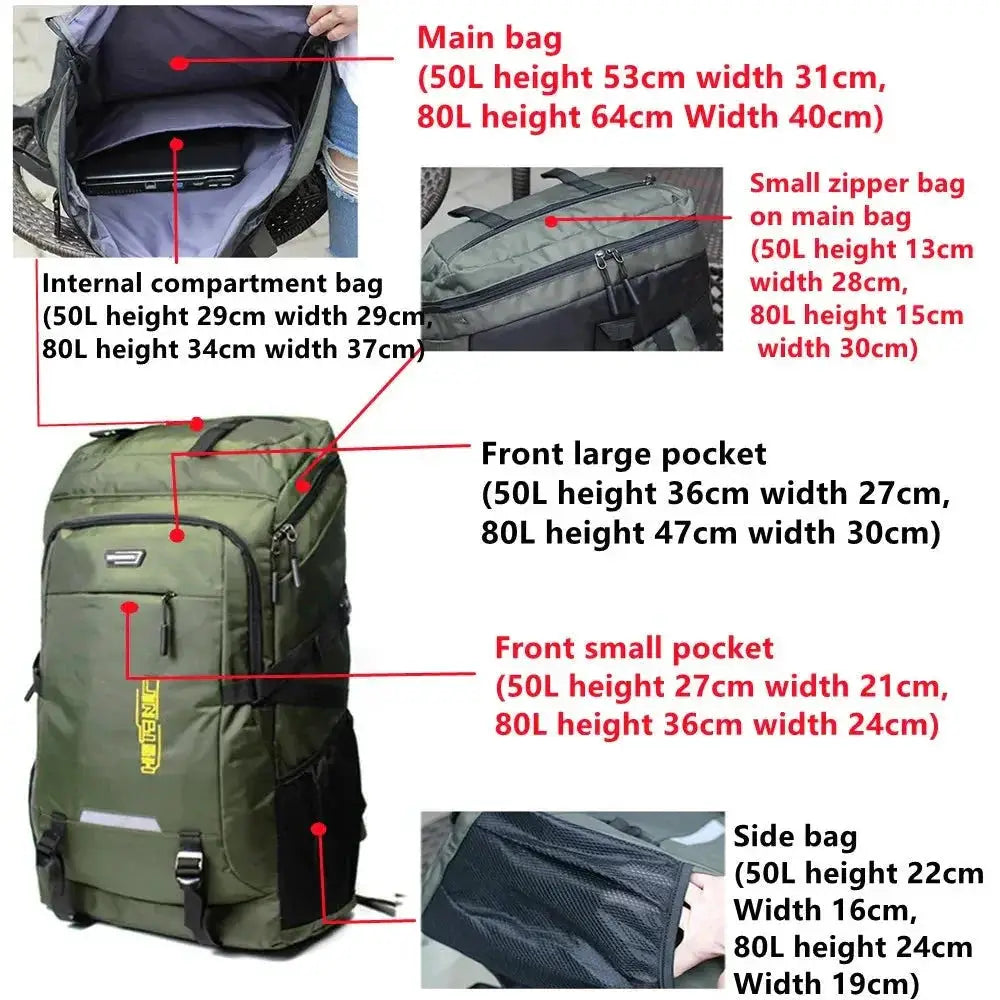 Unisex 50L 80L Hiking Backpack for Travel Camping Gear