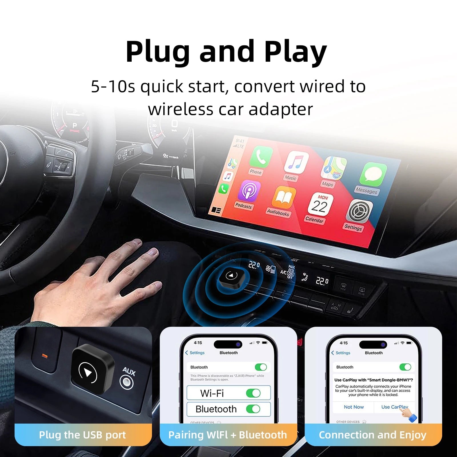 Universal CarPlay Android Auto 2In1 Wireless Adapter Compact Box - Plug And Play