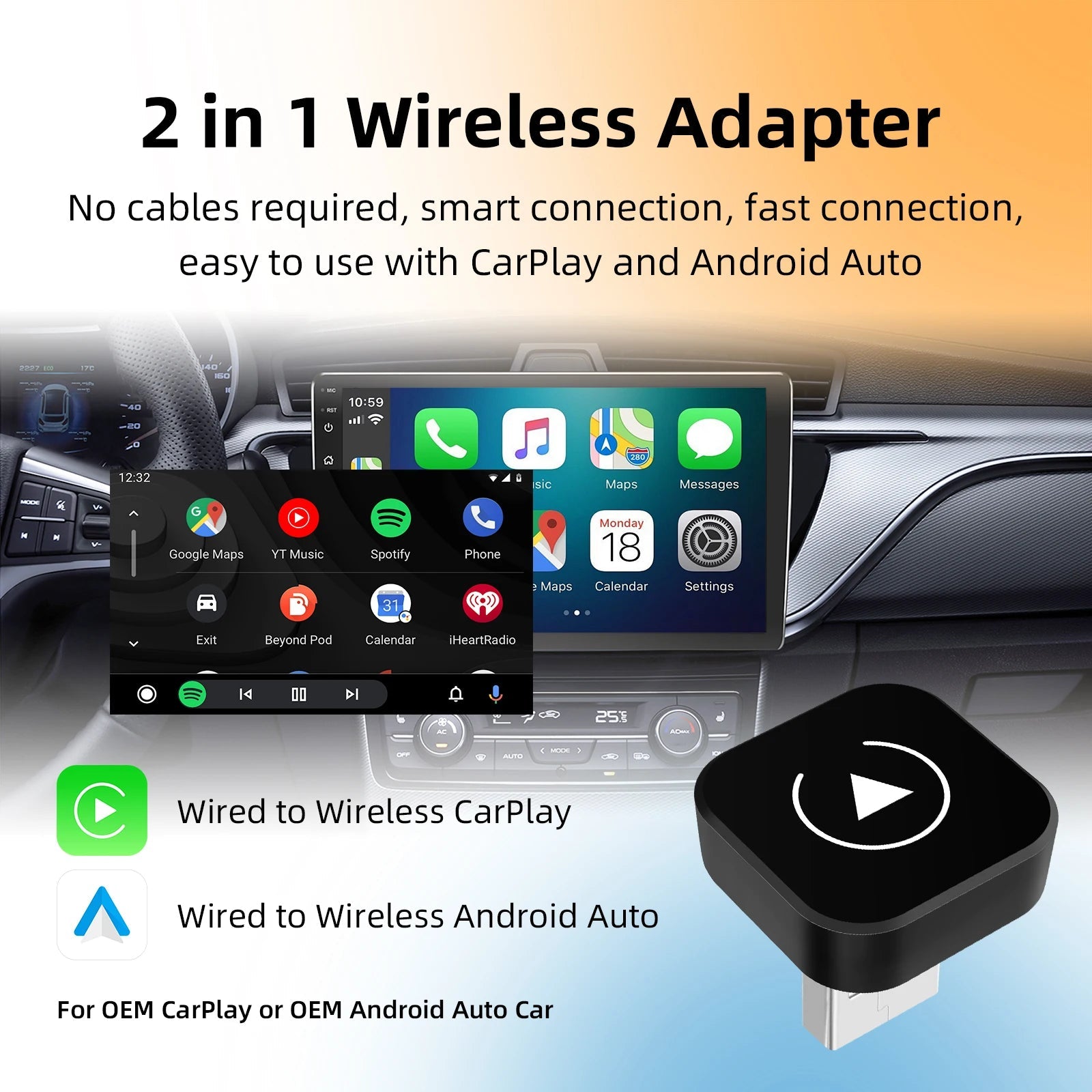 Universal CarPlay Android Auto 2In1 Wireless Adapter Compact Box - Plug And Play