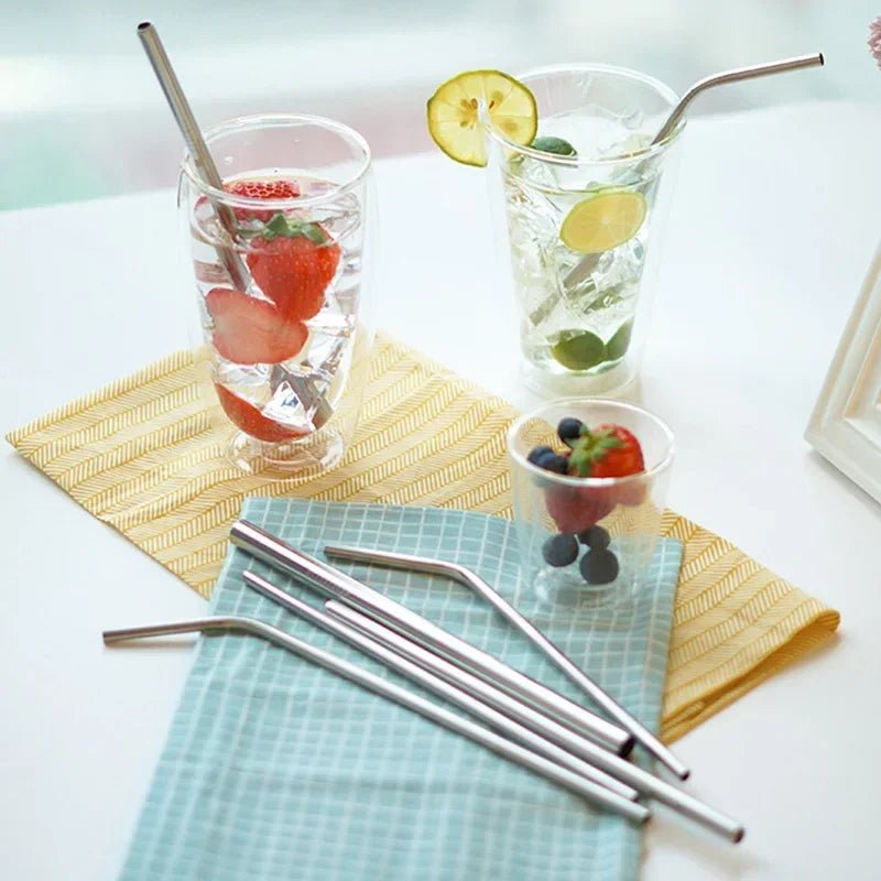 Upors 304 Stainless Steel Reusable Straws Straight and Bent Set with Brush Pouch